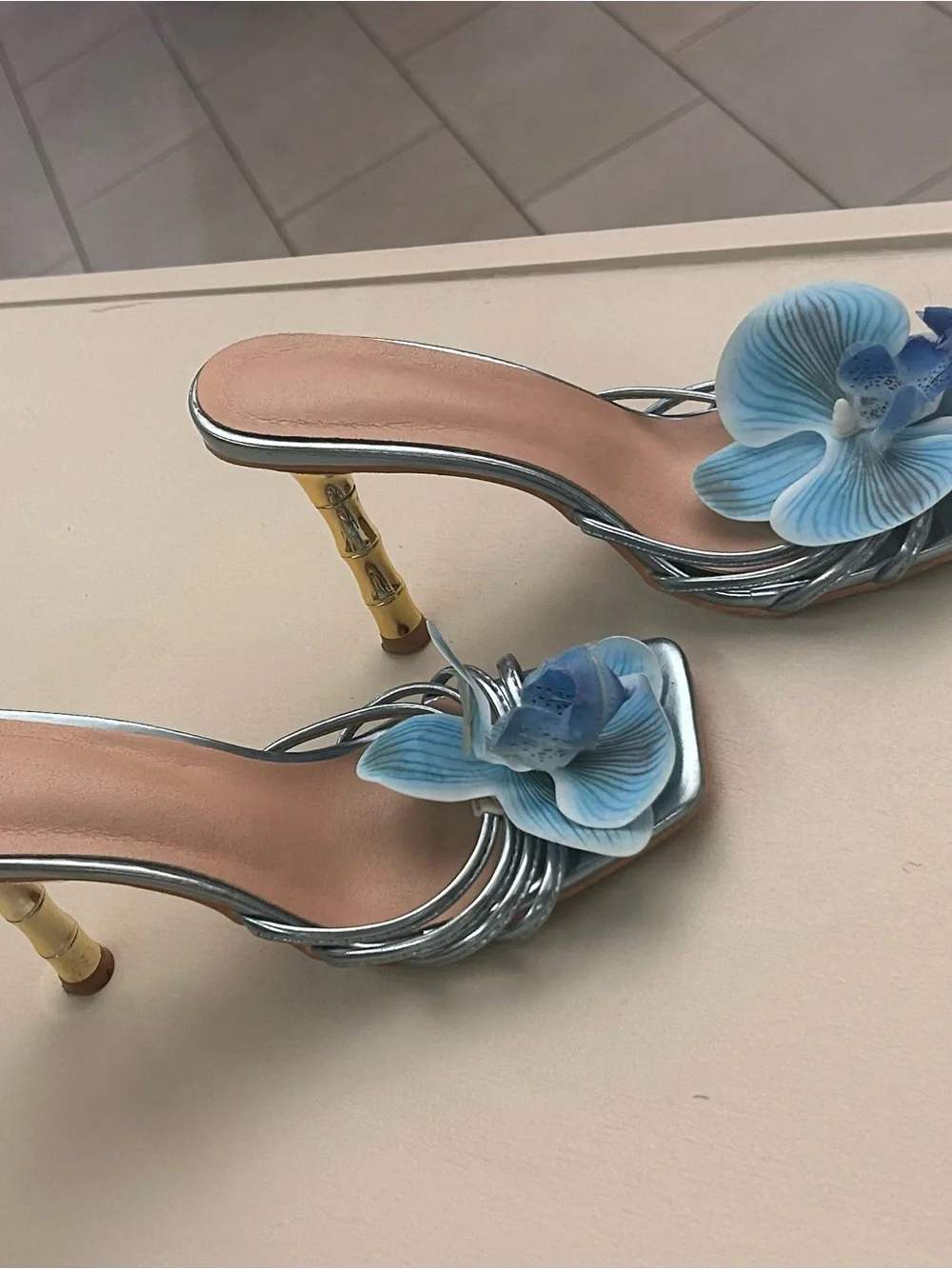 Blue Floral Slip-On Heeled Mules with Decorative Orchid Accent 39/8-8.5 - Picture 5 of 7
